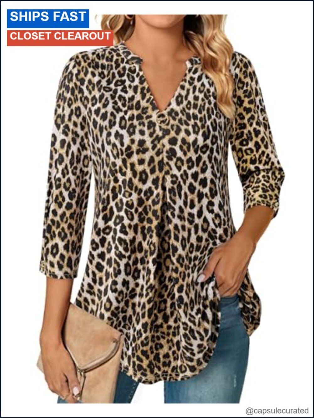 3/4 Sleeve V-Neck Tunic Blouse Dressy Casual Stretchy Top